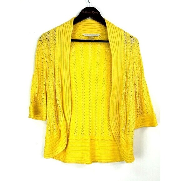 Peter Nygard Women Sz L Yellow Open Front Cropped Sweater Cardigan Open Knit U1 - Picture 4 of 10